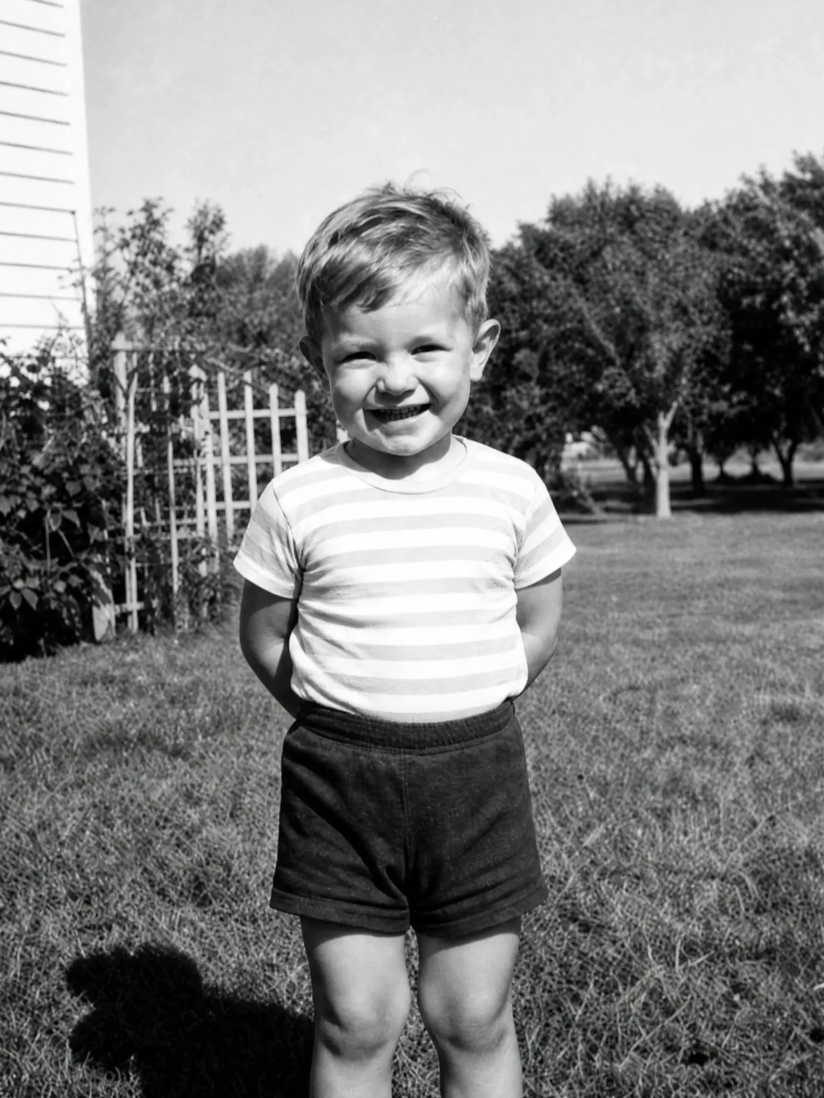 Restored snapshot kept in black and white: a small boy in a striped shirt and dark shorts grinning on a sunlit lawn beside a clapboard house