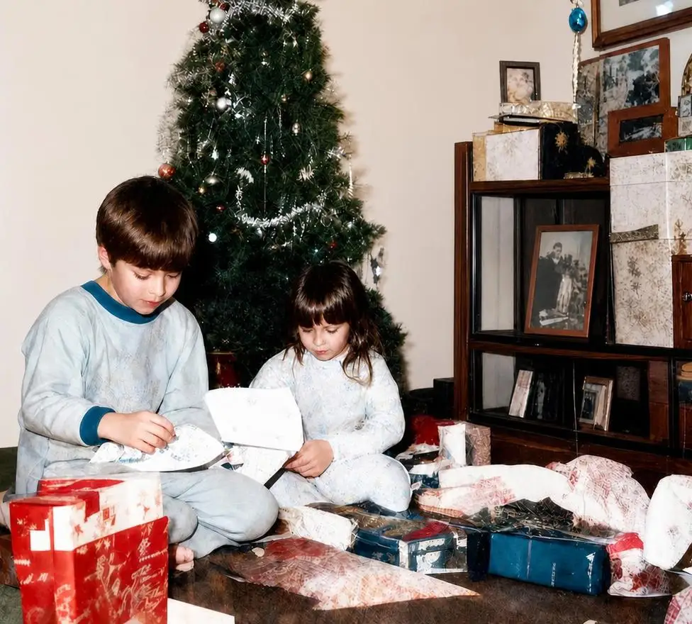 Restored snapshot: three children in pajamas opening presents beside the Christmas tree