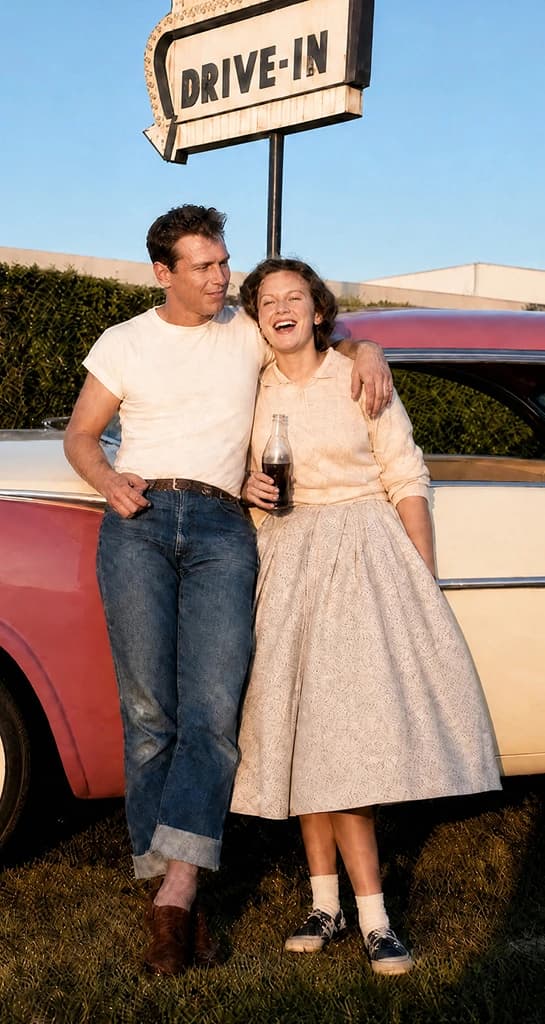 Restored snapshot in full color: a laughing young couple leaning against a car under a drive-in sign at sunset, sharing a bottle of soda