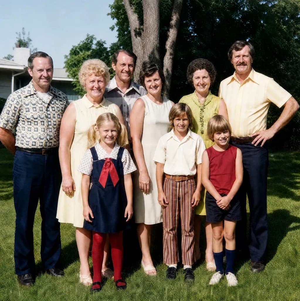 Restored backyard photo: an extended family of ten gathered under a tree on a bright summer day