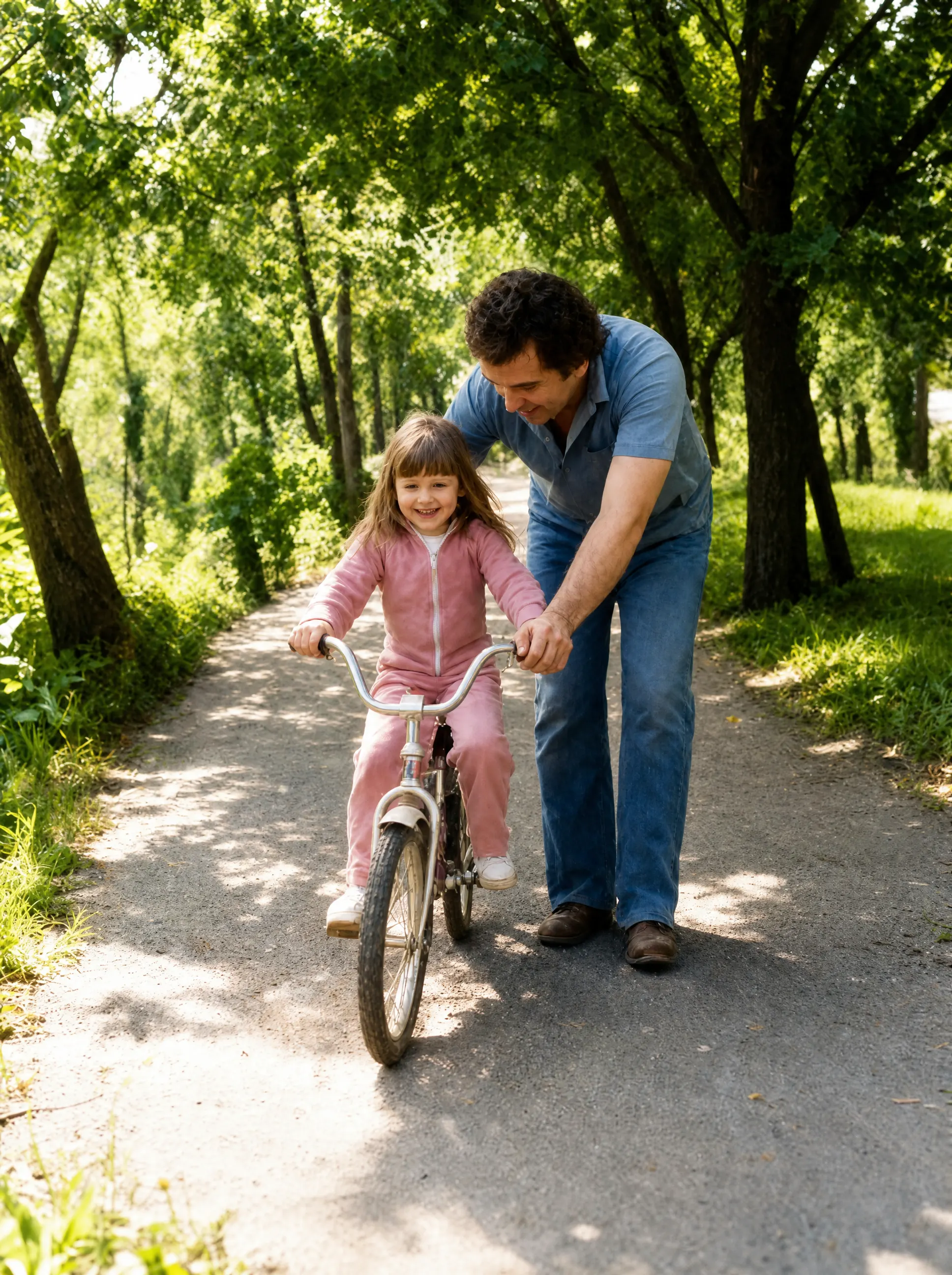 Restored snapshot: a father steadying his daughter's first bicycle ride down a tree-lined path