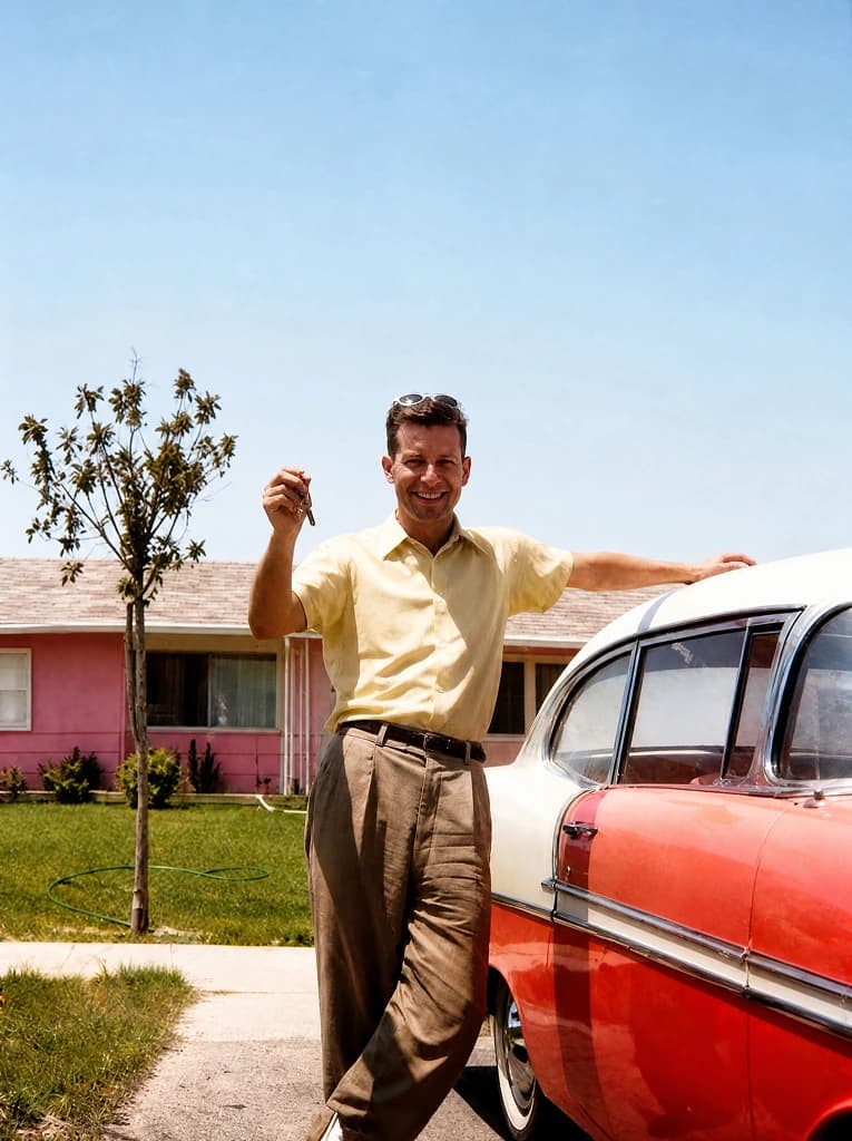 Restored snapshot in full color: a young man in a yellow shirt holding up a set of car keys beside his two-tone sedan, the family house behind him