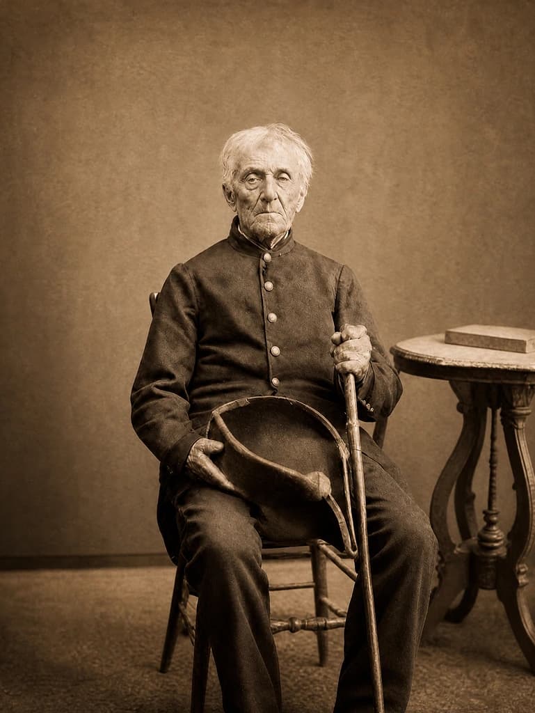Restored studio portrait: an elderly veteran seated in a buttoned wool coat, his cane in one hand and his campaign hat resting on his knee