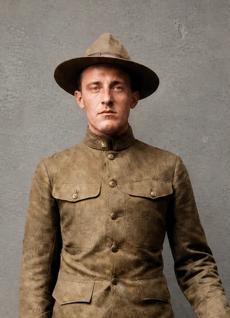 Restored portrait in full color: a young soldier in a wool service tunic and wide-brimmed campaign hat, facing the camera